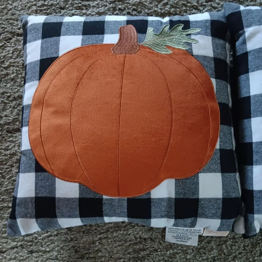 Stratford Home 2 Pumpkin Fall Throw Pillows Buffalo Plaid 18x18 Autumn Decor
